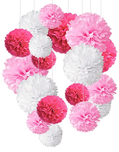 Pompon de papel de seda, bolas de papel en forma de flor para fiestas de cumpleanos, bodas, baby shower, shower de novia o decoracion de festivales, 18 unidades , Rosa, rosa y blanco