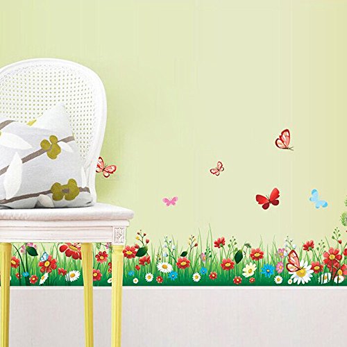 Prado de Hierba Verde Vinilos Decorativos con Coloridas Flores y Mariposas Calcomanía de Pared de Vinilo Extraíble DIY Mural Decorativo Multicolor para Sala de Estar, Dormitorio de Los Niños, Zócalo