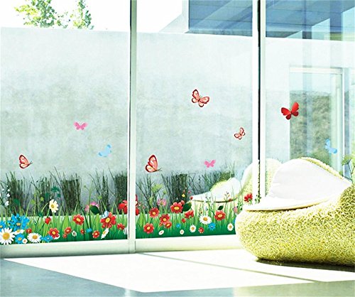 Prado de Hierba Verde Vinilos Decorativos con Coloridas Flores y Mariposas Calcomanía de Pared de Vinilo Extraíble DIY Mural Decorativo Multicolor para Sala de Estar, Dormitorio de Los Niños, Zócalo
