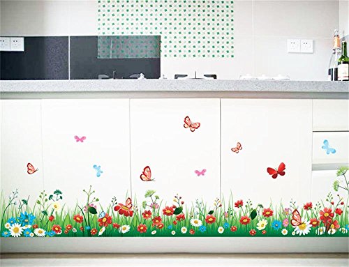 Prado de Hierba Verde Vinilos Decorativos con Coloridas Flores y Mariposas Calcomanía de Pared de Vinilo Extraíble DIY Mural Decorativo Multicolor para Sala de Estar, Dormitorio de Los Niños, Zócalo