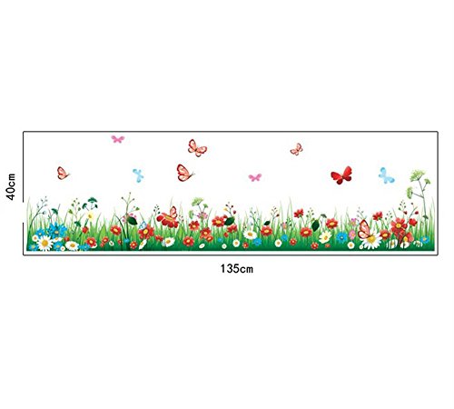 Prado de Hierba Verde Vinilos Decorativos con Coloridas Flores y Mariposas Calcomanía de Pared de Vinilo Extraíble DIY Mural Decorativo Multicolor para Sala de Estar, Dormitorio de Los Niños, Zócalo