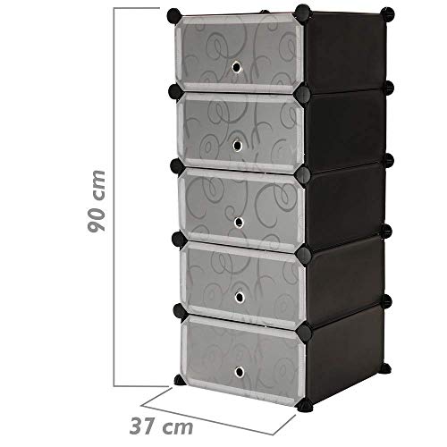 PrimeMatik - Armario Organizador Modular Estanterías de 5 Cubos de 17x35cm plástico Negro con Puertas y Dibujado