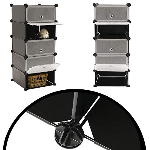 PrimeMatik - Armario Organizador Modular Estanterías de 5 Cubos de 17x35cm plástico Negro con Puertas y Dibujado