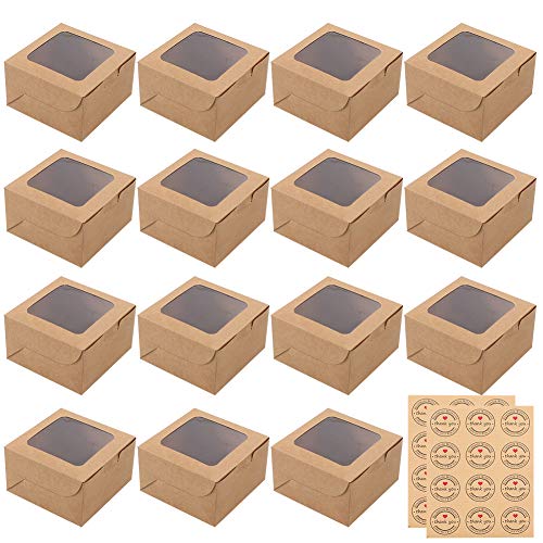 Pveath Mini cajas de pasteles,24 piezas caja de papel kraft con ventana y 24 piezas adhesivas,cajas de papel kraft para alimentos,galletas,pan,caramelos,rebanadas de pastel y postres