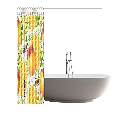 QIAOLII Decoración para el hogar Cortina de baño Tarro de Miel Abejas Panal Tela de poliéster Cortina de Ducha Impermeable para baño, Cortinas de Ducha de 72 x 72 Pulgadas Ganchos incluidos