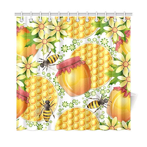 QIAOLII Decoración para el hogar Cortina de baño Tarro de Miel Abejas Panal Tela de poliéster Cortina de Ducha Impermeable para baño, Cortinas de Ducha de 72 x 72 Pulgadas Ganchos incluidos