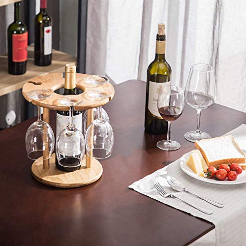 QuXiaoMo Estante para Copas de Vino Estante para Botellas de Vino de bambú Estante para Vino de encimera Hecho a Mano con 6 estantes para Vidrio y 1 Estante para Botellas