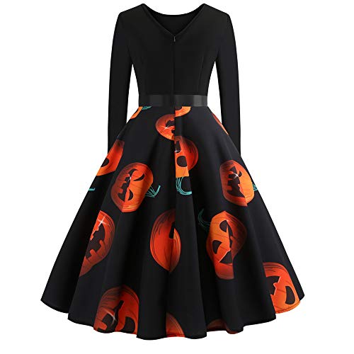 Rawdah_Vestidos De Fiesta Mujer Halloween Ropa Mujer Vestido De Fiesta De Gasa Vintage De Manga Larga con Cuello En V De Halloween