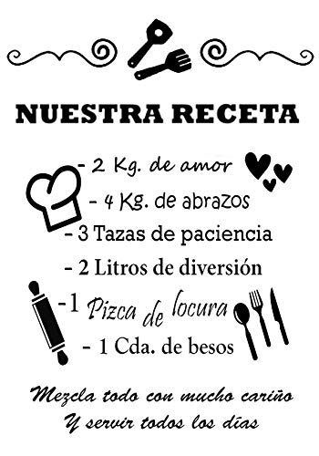 REGALOS ESTRELLA AZUL Vinilo de pared decorativos de cocina"Nuestra receta" Original frase decorativa de pared motivadora, vinilo de pared cocina (80x60)