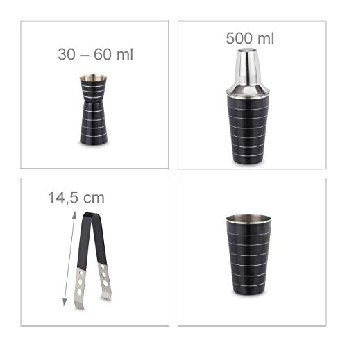 Relaxdays 10024740 Set coctelería, Cinco Utensilios Bar, Coctelera 500 ml, Cubitera, Pinzas Hielo, Enfriador Botellas, Vaso medidor, Negro, Acero, Inoxidable