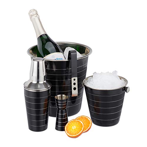 Relaxdays 10024740 Set coctelería, Cinco Utensilios Bar, Coctelera 500 ml, Cubitera, Pinzas Hielo, Enfriador Botellas, Vaso medidor, Negro, Acero, Inoxidable