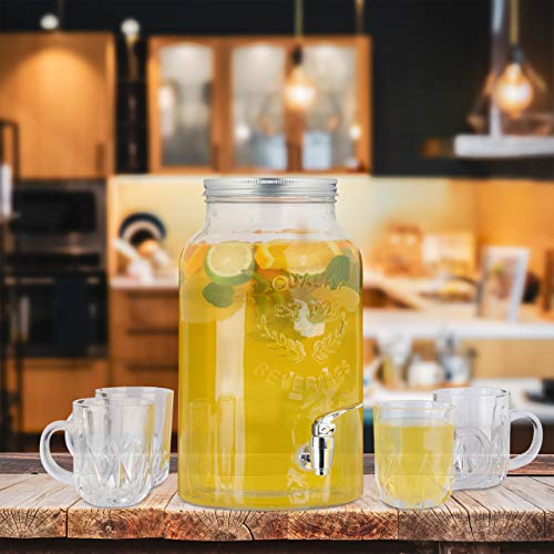 Relaxdays 10030946 Bebidas (Cristal, 5,5 L, 4 Vasos, diseño Retro, dispensador de Zumo con Grifo, Transparente, Vidrio