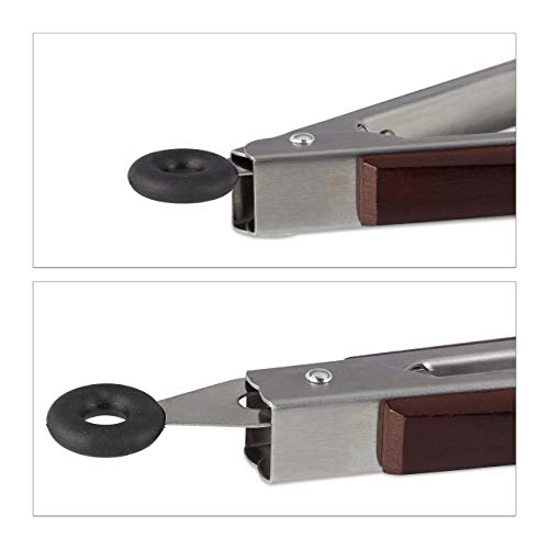 Relaxdays Pinzas Barbacoa XXL, Acero Inoxidable-Madera, Plateado-Marrón, 38 cm