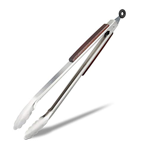 Relaxdays Pinzas Barbacoa XXL, Acero Inoxidable-Madera, Plateado-Marrón, 38 cm