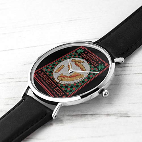 Reloj de Pulsera Unisex para Negocios, Casual, con diseño de Pizza de Navidad, de Cuarzo, con Correa de Piel Negra, para Hombres y Mujeres, colección Joven, Regalo