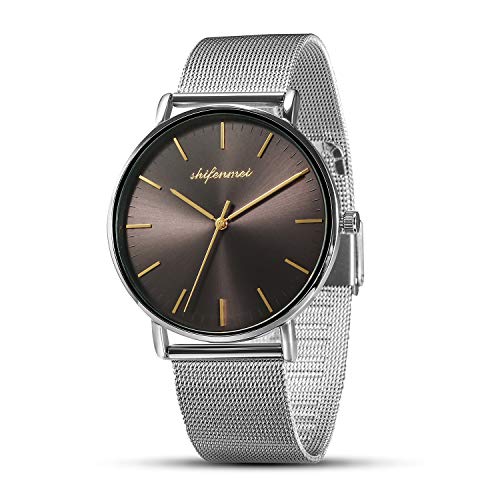 Reloj Ultra Delgada, Elegantes Minimalista Relojes Pulsera Correa en Acero Inoxidable Analógico de Cuarzo Impermeable Deportivos Moda para Hombres Mujeres Dama Señorita (Oro Blanco)