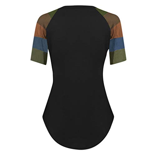 Remiendo de la Manga de la Raya de Las Mujeres Camiseta Ocasional Top Blusa de Manga Corta Floja Mujer Redondo De La Túnica De Manga Corto Camisas Blusas T Shirt Camisetas