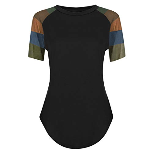 Remiendo de la Manga de la Raya de Las Mujeres Camiseta Ocasional Top Blusa de Manga Corta Floja Mujer Redondo De La Túnica De Manga Corto Camisas Blusas T Shirt Camisetas