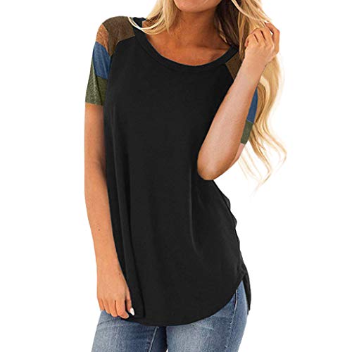 Remiendo de la Manga de la Raya de Las Mujeres Camiseta Ocasional Top Blusa de Manga Corta Floja Mujer Redondo De La Túnica De Manga Corto Camisas Blusas T Shirt Camisetas