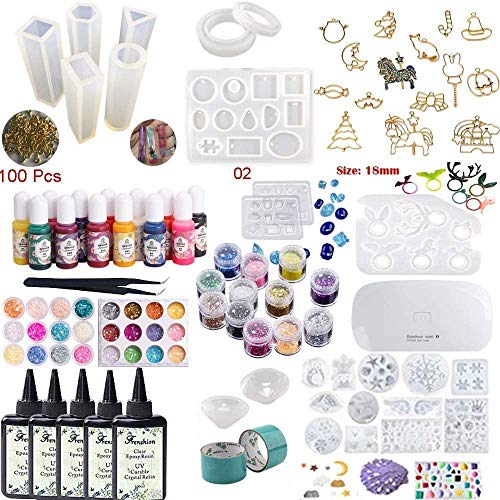 Resina epoxi cristalina 5x100ML con molde de resina 25, decoración de 36 piezas, 1 pinza de lámpara mini UV, pigmento líquido de 13 colores, metal de bisel abierto 17 con cinta para hacer joyas