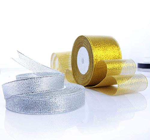 Rollo de cinta de lazo dorada Da.Wa, con purpurina, para manualidades, regalos, decoración de fiestas y bodas, de 22 m de largo y ancho para elegir de 0,6 a 5 cm, poliéster, dorado, 22m*5cm