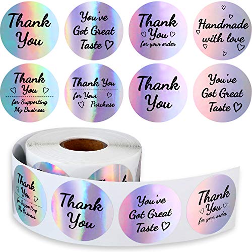 Rollo de Pegatinas de Thank You Etiqueta Adhesivos de Thank You de Negocios Pegatinas Adhesivas Redonda Plata Holográfica Pegatinas Arcoiris Holo para Negocio Tienda de Boutiques (600 Piezas)