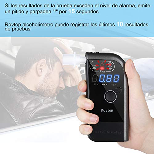 Rovtop Alcoholímetro Digital Profesional con Pantalla LCD Incluye 4 Boquillas Desechables - Alcoholímetro Electroquímico Respiratorio de Recargable con Sensor Digital y Probador de Alcohol （Negro）