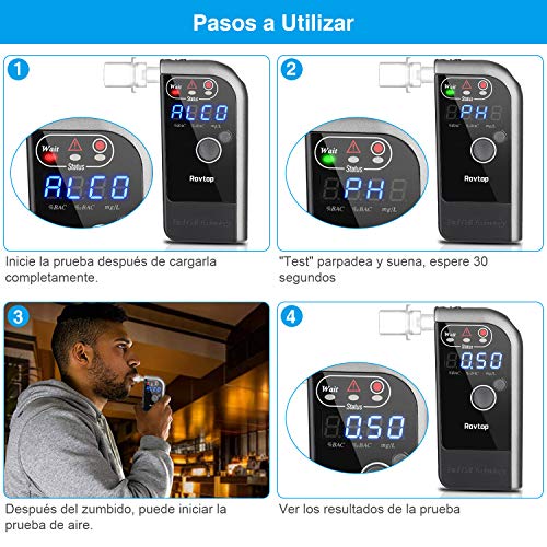 Rovtop Alcoholímetro Digital Profesional con Pantalla LCD Incluye 4 Boquillas Desechables - Alcoholímetro Electroquímico Respiratorio de Recargable con Sensor Digital y Probador de Alcohol （Negro）