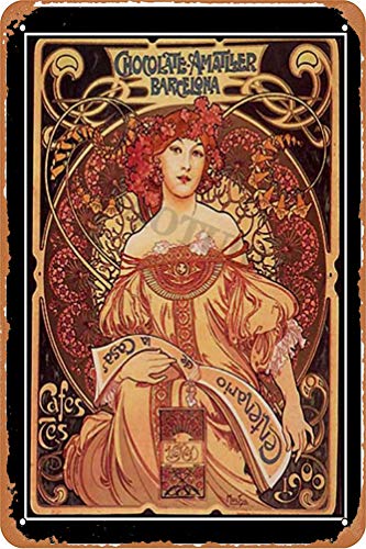 RuFS Chocolate Amatller alphons Mucha Cartel de Chapa Pared Hierro Retro Pintura Placa Chapa Vintage Arte Creatividad Decoración Artesanías para Cafe Bar Garaje Hogar