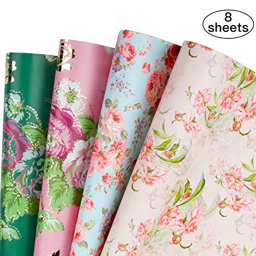 RUSPEPA Hojas De Papel Para Envolver Regalos - Boda De Diseño Floral, Cumpleaños, Día De La Madre, Felicitaciones - 8 Hojas Plegadas - 50 X 70 cm