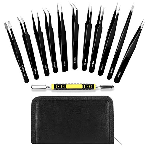 RYMALL 12 Piezas Pinzas de Precisión, ESD Anti-Estáticas de Acero Inoxidable Pinzas para Electrónica, Joyería, Trabajo de Laboratorio, Maintenance Tools, Ceja y Pelo,negro