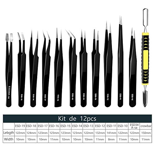 RYMALL 12 Piezas Pinzas de Precisión, ESD Anti-Estáticas de Acero Inoxidable Pinzas para Electrónica, Joyería, Trabajo de Laboratorio, Maintenance Tools, Ceja y Pelo,negro