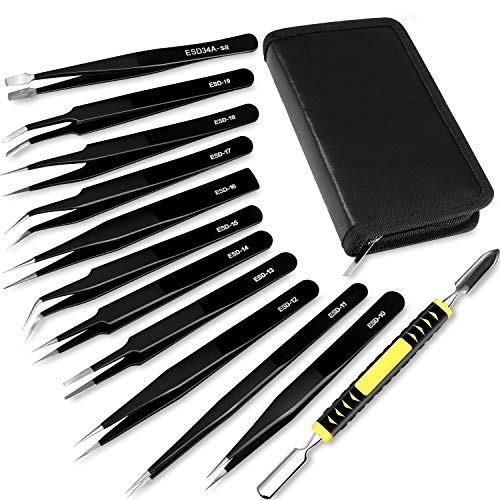 RYMALL 12 Piezas Pinzas de Precisión, ESD Anti-Estáticas de Acero Inoxidable Pinzas para Electrónica, Joyería, Trabajo de Laboratorio, Maintenance Tools, Ceja y Pelo,negro