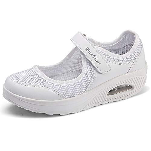 Sandalias para Mujer Malla Merceditas Plataforma Ligero Zapatillas Sneaker Mary Jane Casual Zapatos de Deporte Mocasines Negros Verano A-Blanco-2 EU40