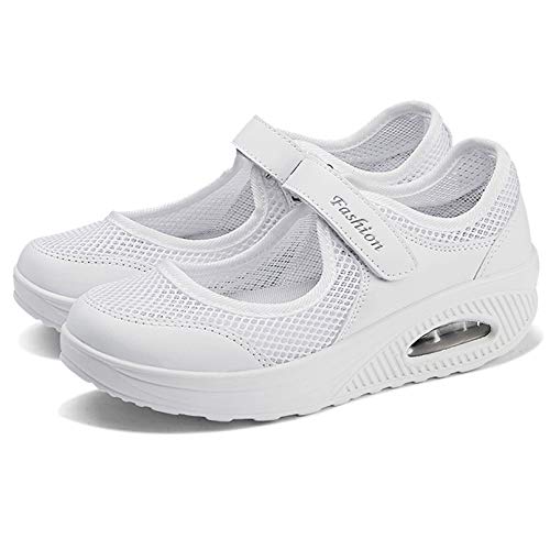 Sandalias para Mujer Malla Merceditas Plataforma Ligero Zapatillas Sneaker Mary Jane Casual Zapatos de Deporte Mocasines Negros Verano A-Blanco-2 EU40