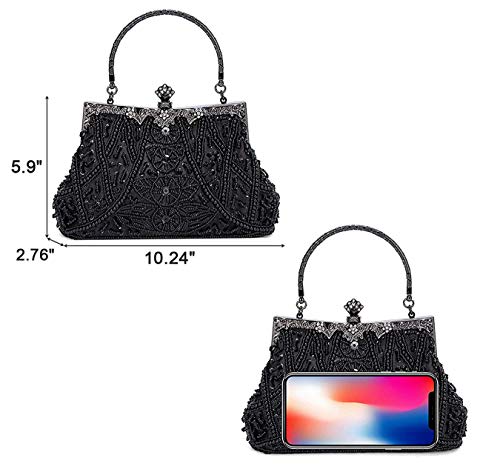 Selighting Cartera de Mano Fiesta Vintage, Clutch Mujer Elegante Bolso de Noche Bolsos de Embrague con Cuentas para Fiesta Cóctel Ceremonia Boda Novia (Negro)
