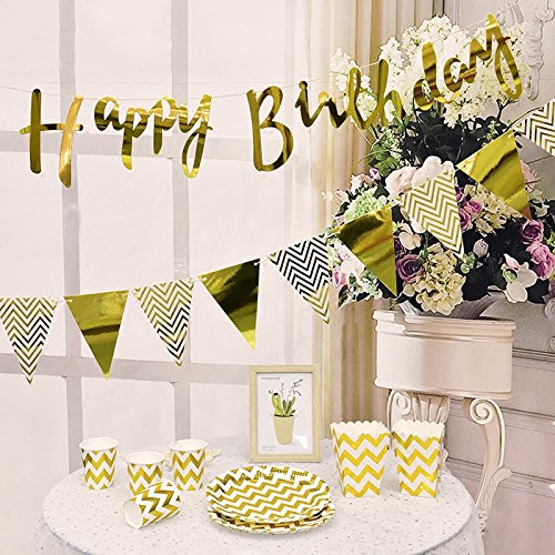 Set de decoración de cumpleaños dorado, cartel Happy Birthday, banderas triangulares de papel, borlas de papel de seda, guirnalda de papel ideal para decorar cumpleaños infantiles