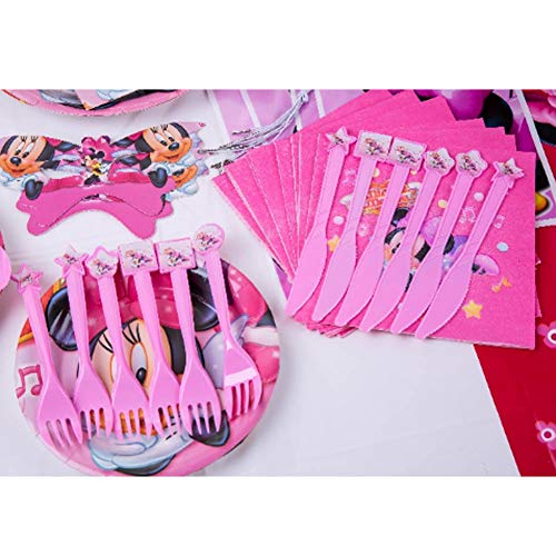 Set de fiesta de cumpleaños de Minnie WENTS 53PCS Disney Minnie Mouse Party Decoration Set Platos Tazas Servilletas Pack de fiesta reciclable Minnie Mantel Sirve para 6 Invitados