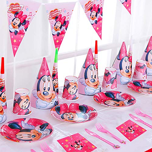 Set de fiesta de cumpleaños de Minnie WENTS 53PCS Disney Minnie Mouse Party Decoration Set Platos Tazas Servilletas Pack de fiesta reciclable Minnie Mantel Sirve para 6 Invitados