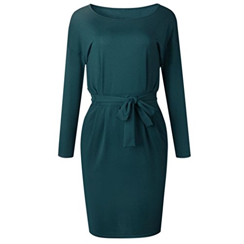 SHOBDW Mujeres de Manga Larga sólido Arco Casual Bolsillo Elegante Verano Ladies Club Fiesta de Noche Mini Vestido(Verde,M)