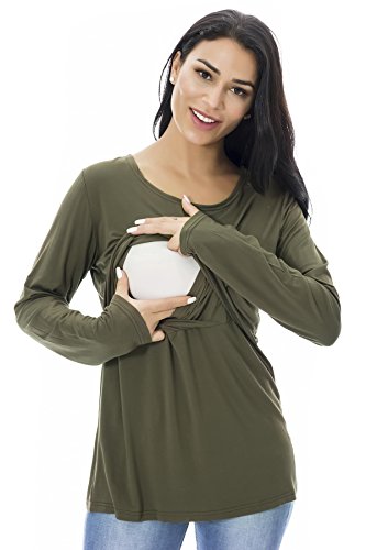 Smallshow Mujer Top Camiseta Premamá Lactancia De Manga Larga 3 Pack,Black/Grey/Army Green,M