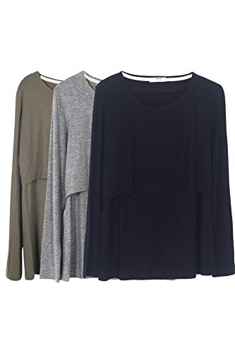Smallshow Mujer Top Camiseta Premamá Lactancia De Manga Larga 3 Pack,Black/Grey/Army Green,M