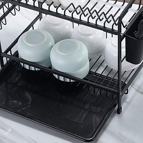 Smartbin Aluminio 2 Niveles Estante para Platos Platos Soportes Estante Secar Platos Escurridor de Platos Estante de Cocina Organizador de Cocina con Bandeja Negro