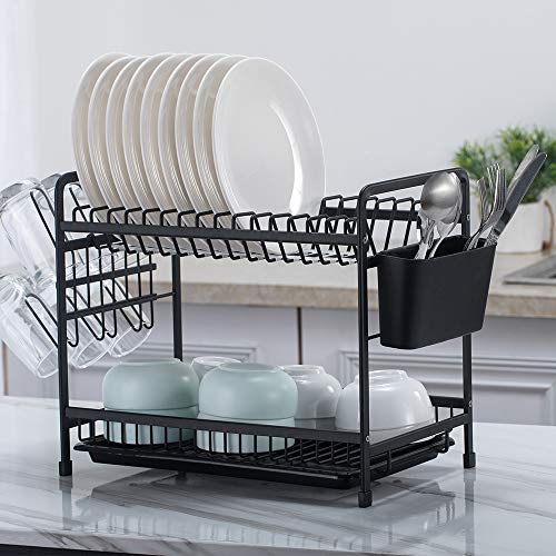 Smartbin Aluminio 2 Niveles Estante para Platos Platos Soportes Estante Secar Platos Escurridor de Platos Estante de Cocina Organizador de Cocina con Bandeja Negro