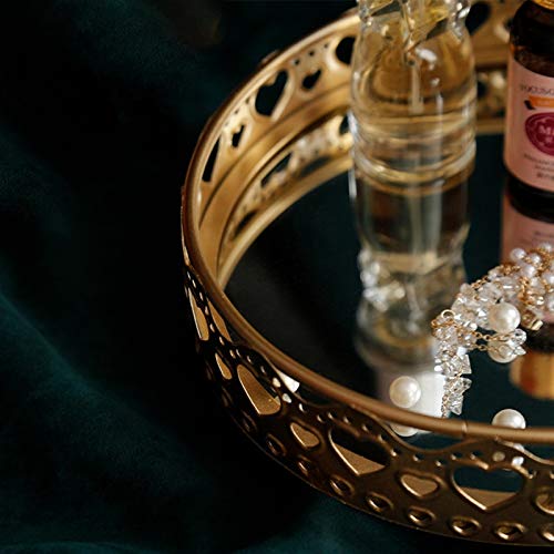 SNOWINSPRING Bandeja de Almacenamiento de Hierro Dorada para Joyas Base de Espejo de Vidrio Dormitorio Escritorio Cosmético Postre Organizador Decorativo Placa 17,5Cm