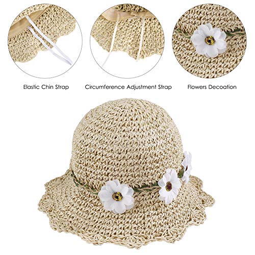 Sombrero de Paja Niñas Anti UV Gorra de Sol Chica de Playa con Flores para Viaje Beach Piscina al Aire Libre 50-52cm