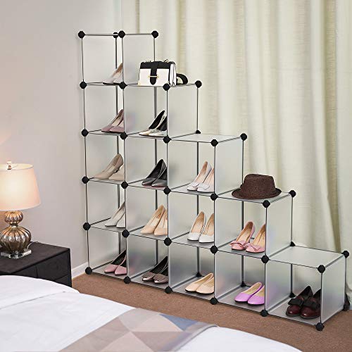 SONGMICS Armario Modular, Zapatero, Estantería, Organizador de Almacenaje de Plástico, 16 Cubos, sin Puertas, para Ropa Juguetes Bolsos, Blanco LPC44L