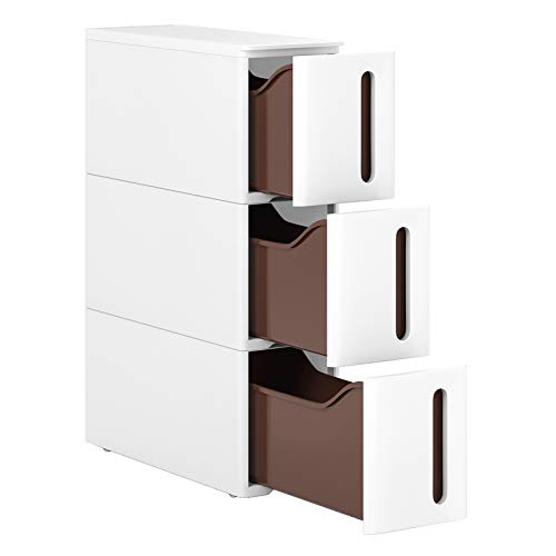 SONGMICS Carro de Almacenamiento Estrecho con 3 Cajones, Deslizable, Estante de baño, Unidad de Cocina con Ruedas Extraíbles, PP, Ahorro de Espacio, 45 x 17 x 63 cm, Blanco KFR07WT