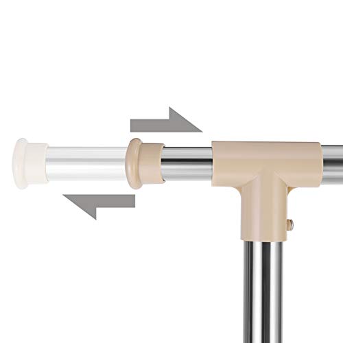 SONGMICS Perchero Ajustable, Perchero para Ropa Rodante, Tubo Revestido de Acero Inoxidable, con Rieles Colgantes Extensibles, Barra de Accesorios, Color Plata y Bronceado LLR01LB