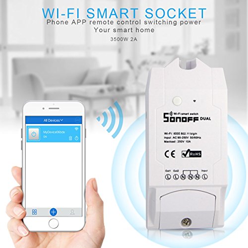 Sonoff Dual 2 Vías Wifi Smart Switch Interruptor Temporizador de Control Remoto Inalámbrico Inteligente para Amazon Alexa, Echo, Echo Dot y Amazon Tap
